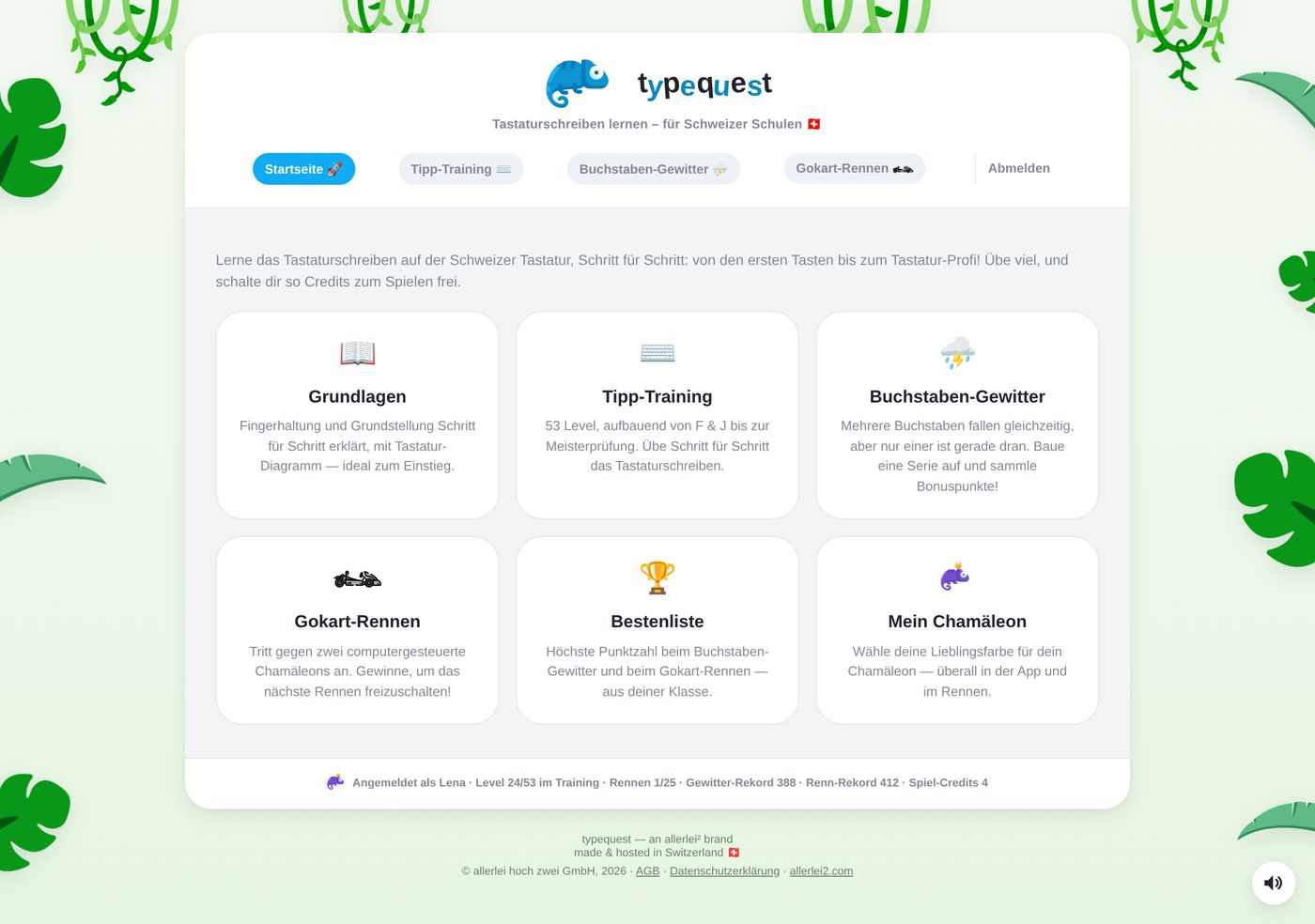 typequest Startseite mit den Bereichen Grundlagen, Tipp-Training, Buchstaben-Gewitter, Gokart-Rennen, Bestenliste und Mein Chamäleon