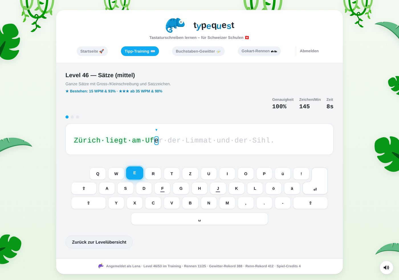 Tipp-Training: Satzübung mit Tastaturanzeige, Genauigkeit und Tempo